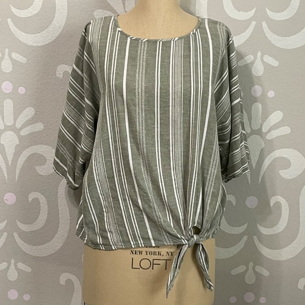 Time and Tru Olive Green and White Stripe Waist Tie Top Size S (4-6)